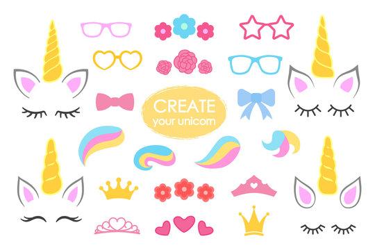 Fototapeta Create your own unicorn - big vector collection. Unicorn constructor. Cute unicorn face. Unicorn details - Horhs, eyelashes, ears, hairstyles, flowers, crowns, glasses, bows . Vector