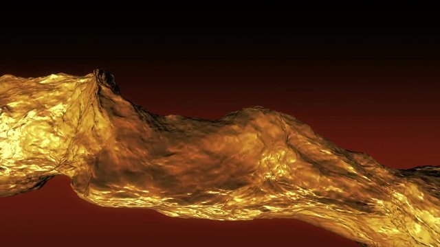 Lava, molten metal or liquid. Looping abstract animation. Glowing gold slow motion flow from left to right in lower third of screen with copy space above on red background.