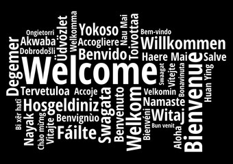 Welcome in different languages wordcloud on white background