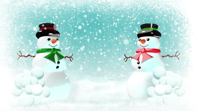 Snowmen having snowball fight. Looping Merry Christmas version. The whole video loops, and also the first 10 seconds and 15 frames is a loop section. In 4K and HD.