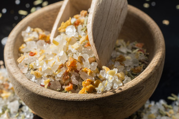 Macro collection, white sea salt mixed with italian herbs, rosemary and spices