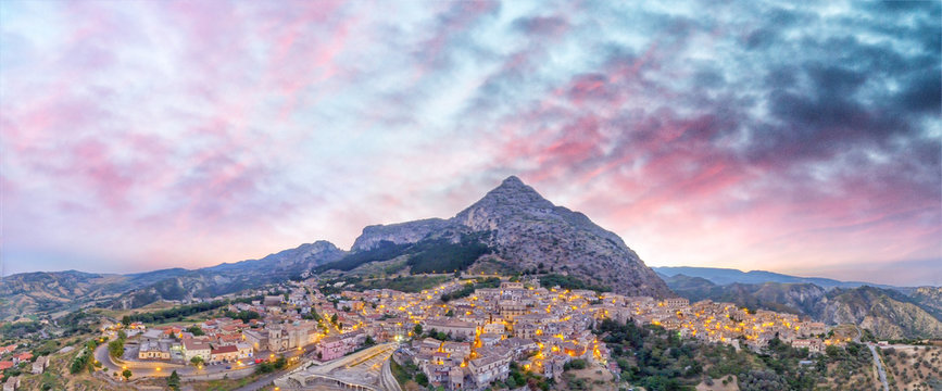Stilo from the air, panoramic view at sunset - Calabria, Italy