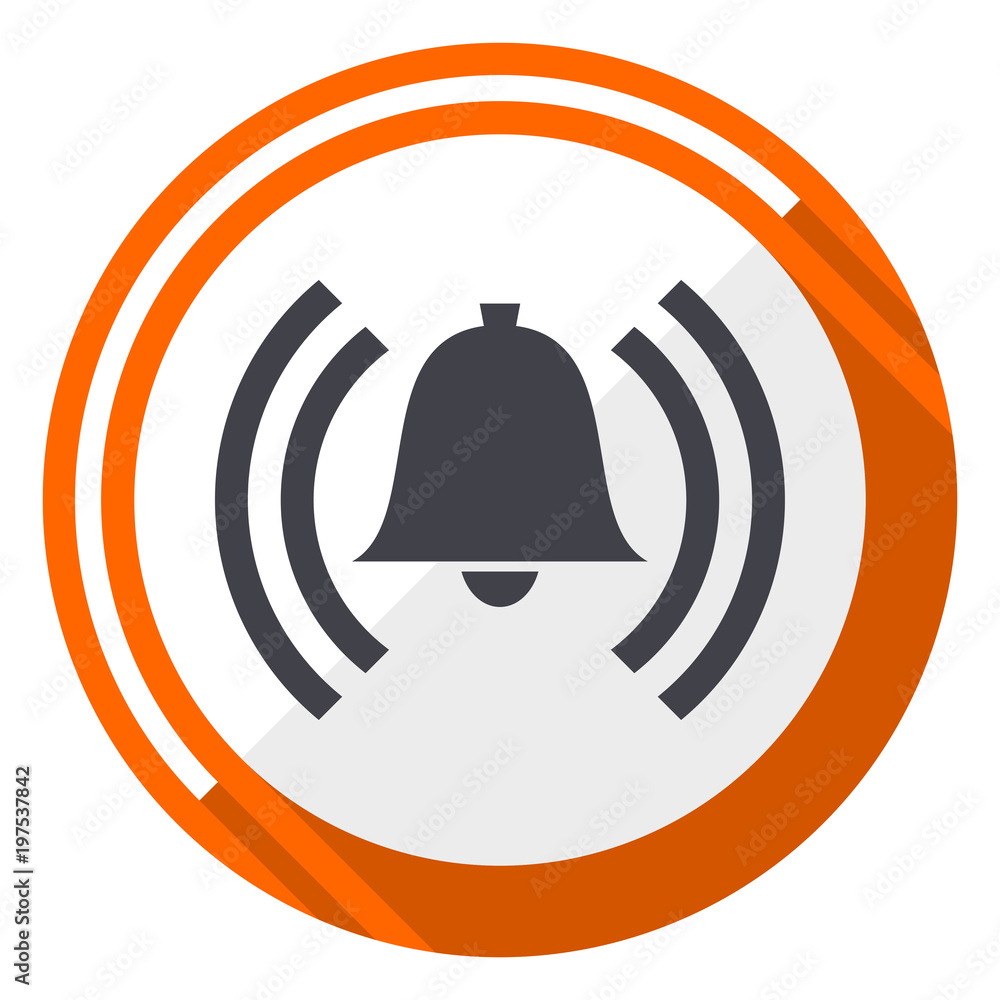 Poster Alarm flat design vector web icon. Round orange internet button isolated on white background.