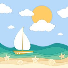 Naklejka premium Sea waves, ship and tropical beach in paper art style. Travel concept vector illustration. Summer vacation poster in paper cut design.
