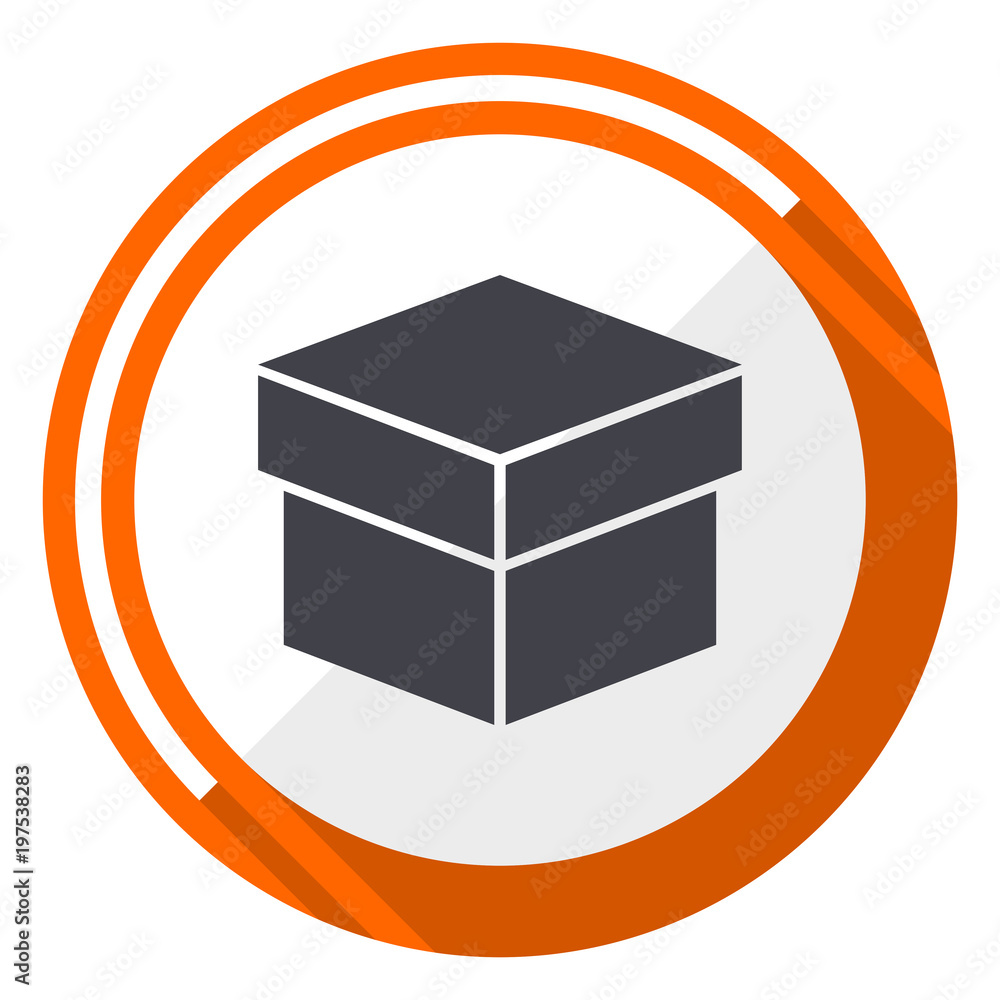 Poster box flat design vector web icon. round orange internet button isolated on white background.
