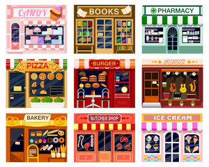 Shop window vector showwindow of book store or candyshop and window-case of pizzeria illustration set of butcher shop or bakery and burger or ice cream frontstore showcase isolated on white background