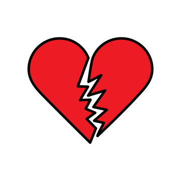 Red broken heart with black outline, isolated.