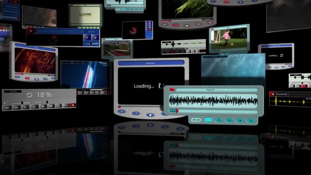 Media Players downloading and playing videos and sound files from the internet. Application software technology.
