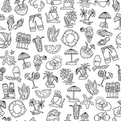 Summer, travel and beach sketch seamless pattern in black and white colors. Travelling hand draw elements with decoration on white background. Palm, summer pattern