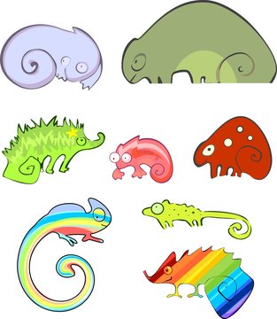 Set of different cartoon chameleons disguised as different objects on white background