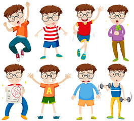 Boy with glasses in different actions