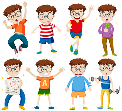 Boy with glasses in different actions
