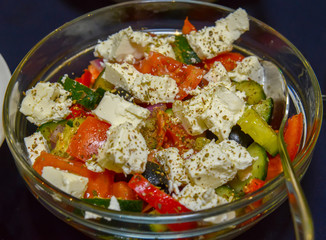 Greek salad on table 