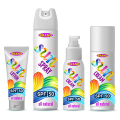 Set of sunscreen, cream, lotion, gel, balsam and spray. Protection from the sun. Lettering calligraphy font with brushstroke oil or acrylic paint. 3d realistic vector illustration.