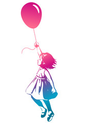 Vector hand drawn multicolor rainbow silhouette illustration of a cute little toddler girl in a summer dress floating in mid air, holding a pink red balloon. Street art stencil style design element