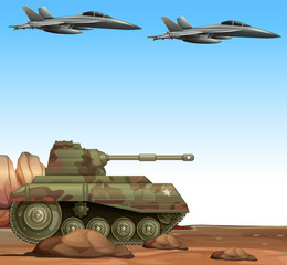 Two fight jets and military tank in battle field