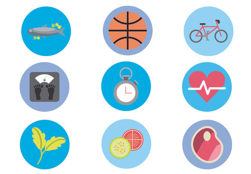 Colorful Healthy Lifestyle and Fitness Icons Set