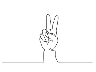 Continuous line drawing. Hand showing victory sign. Vector illustration