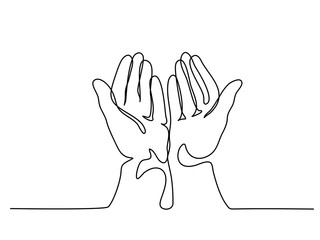Continuous line drawing. Hands palms together praying. Vector illustration - obrazy, fototapety, plakaty