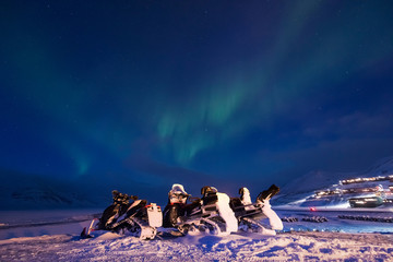 The polar arctic Northern lights aurora borealis sky star in Norway Svalbard in Longyearbyen city ...