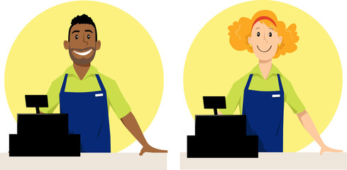 Male and female grocery store cashier characters, EPS 8 vector illustration