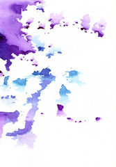 Abstract violet watercolor stains with splashes blots and drops. Modern colorful watercolor background for trendy design