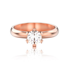 3D illustration isolated rose gold traditional solitaire engagement diamond ring with reflection