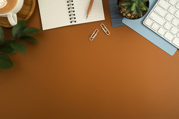 Styled stock photography brown office desk table with blank notebook, keyboard, macaroon, supplies...