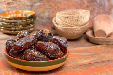 Traditional Middle East dessert, healthy food, big medjool dates fruits.