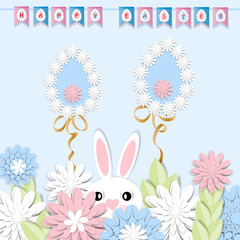 Happy Easter. Festive background with 3d paper flowers, decorative egg and easter bunny. Romantic design with paper cut flovers in pastel colors. For postcards, banners, posters.