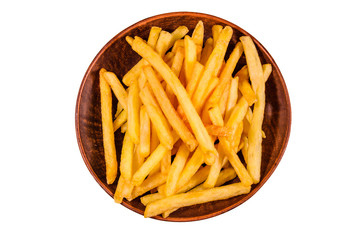Ceramic plate with french fries isolated on a white background