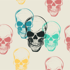 Hand drawn seamless  human skull colorful pattern