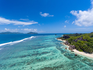 Coastline of La Digue Island, Seychelles aerial view