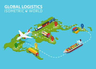 Global Logistic Isometric Vehicle Infographic. Ship Cargo Truck Van Logistics Service. Import Export Chain. Ensured Deliveries Drawing.
