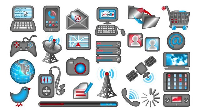 Set of 25 animated Communications icons, looping, with mattes. Includes TV, satellite dish, video games, computers, tablet, smart phone, server, music player, GPS & lots more symbols!