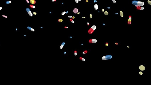 Pills and capsules falling. Loop section from 10:00-20:00. With luma matte (alpha channel). Use the loop section to have the pills falling for as long as you like. Medicine, medical, pharmaceuticals.