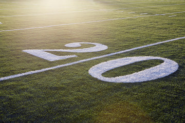 Twenty yard line on green football field