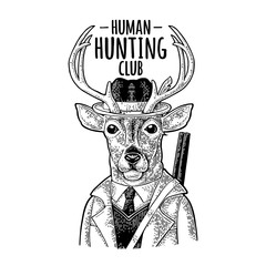 Deer hunter. Hunting club lettering. Vintage black engraving