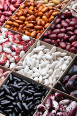 Different types of legumes beans. In wooden box.Varieties of beans.Top view.Closeup.Texture