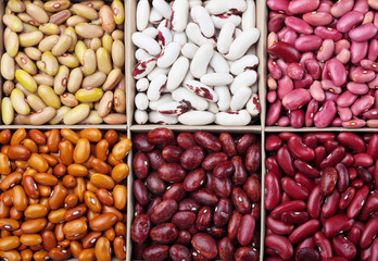 Different types of legumes beans. In wooden box.Varieties of beans.Top view.Closeup.Texture