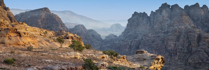 panoramic view of canyon with rocks in sunset time in Jordan