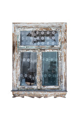 Old window with broken glass isolated on white background, old tulle in the background, traces of aging and cracked paint, exterior, object for design