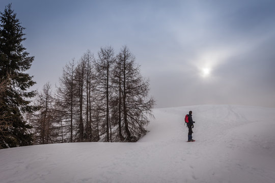 Man watching a snowy slope on a gray day, with a pale sun, Col Visentin, Belluno, Italy