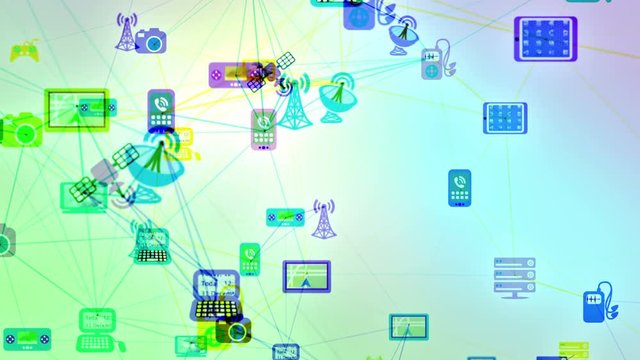 Loop animation of digital devices connected in cyberspace. Symbolizing communications networks, cloud computing, television broadcasting, wireless and cellular networks etc.