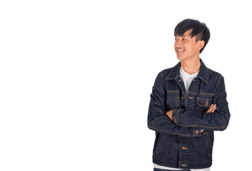 A handsome Asian man in black clothes stands arm crossing in Studio white background
