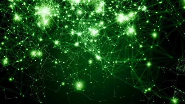 Connections form world network. Loops: 0:00-42:00, 10:15-31:15, 35:00-end. Point brightness represents city population size. Global communication, transportation, internet, social media, technology.