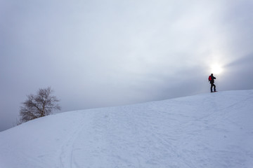 Man watching pale sun on a snowy slope in a gray day, Col Visentin, Belluno, Italy