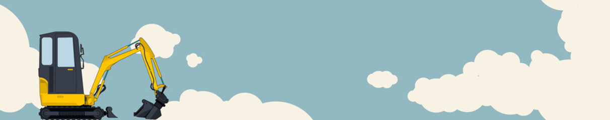 Big yellow excavator, sky with clouds in background. Horizontal banner layout with earth mover. Vintage color stylization. Construction machinery vehicle and ground works. Flatten illustration vector.