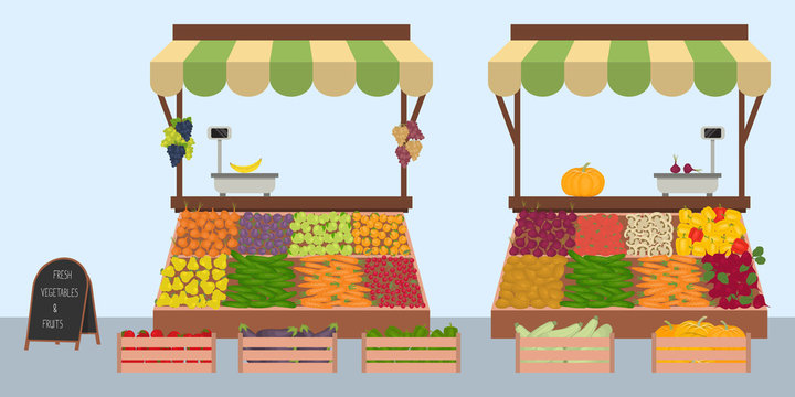Trays with vegetables and fruits on the market. Workplaces of the market sellers. There is scales and goods: cucumbers, onions, carrots, eggplant, zucchini, apples, plums, grapes in the image. Vector