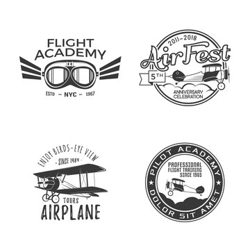 Vintage hand drawn old fly stamps. Travel or business airplane tour emblems. Airplane logo designs. Retro aerial badge. Pilot school logos. Plane tee design, prints. Stock vector patches isolated
